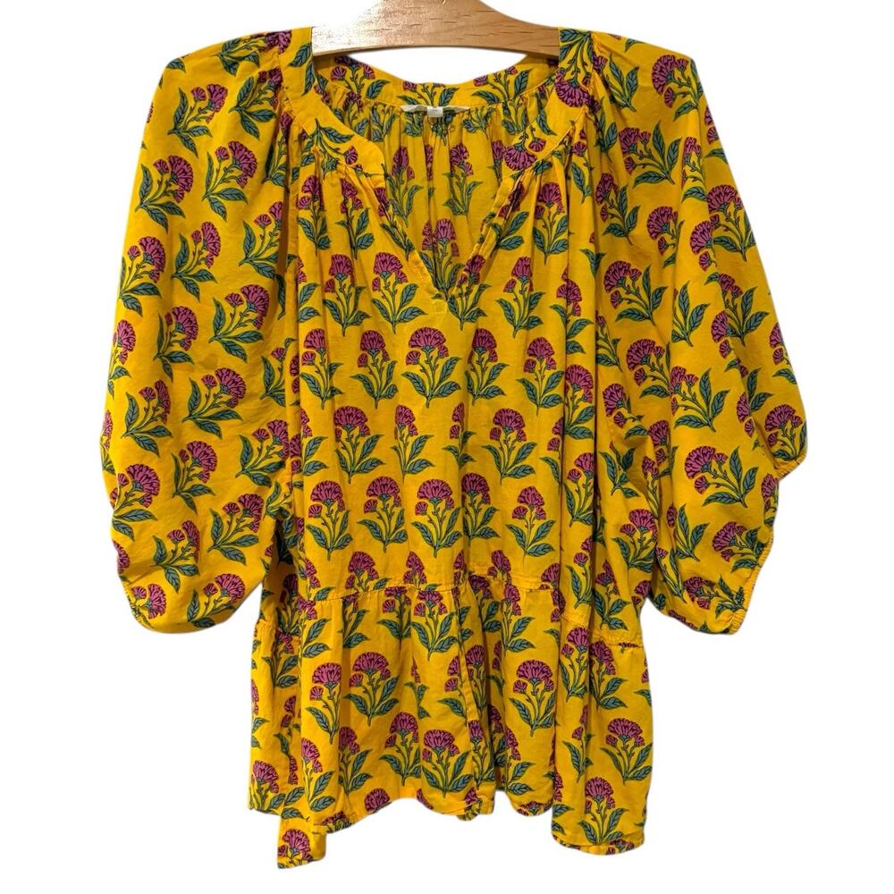 Print Fresh | Top Floral Yellow Short Puff Sleeve Preppy Summer Bright- Size 4X